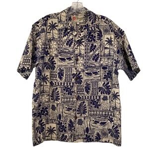 Hilo Hattie Mens Hawaiian Shirt Small Navy Tan Pineapple Palm Cotton (Runs big)